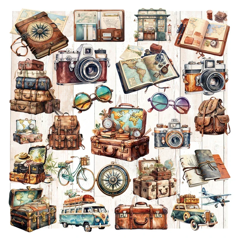 25pcs Vintage Travel Stickers Junk Journal Planner Transparent Camera Backpack Stickers Decorative Album Scrapbooking Material