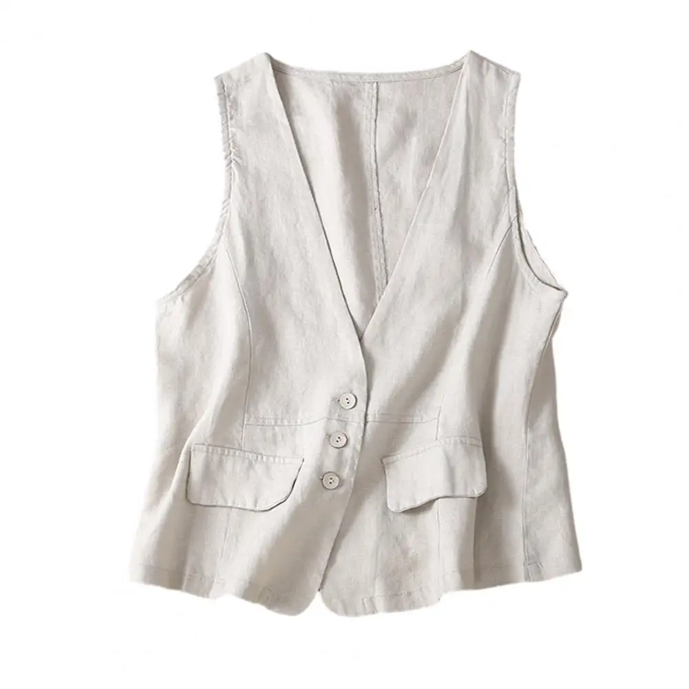 

Women's V-neck Flax Vest Button Down V Neck Waistcoat for Summer Stylish Sleeveless Vest