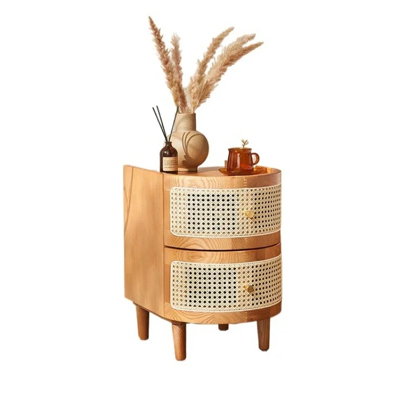 Solid wood rattan bedside Japanese-style small side cabinet, simple storage, Nordic side few drawer storage cabinet