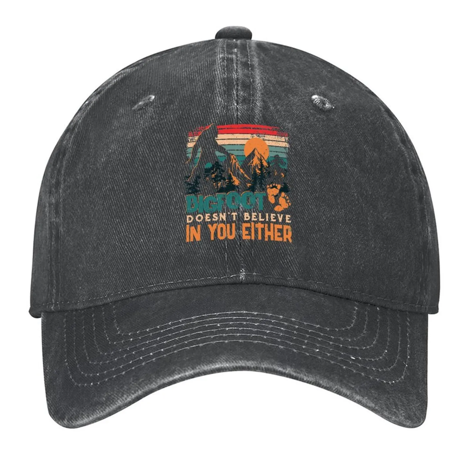 

Bigfoot Doesn't Believe in you Either Vintage Graphic Sasquatch walking cross mountain forest footprint Baseball Cap