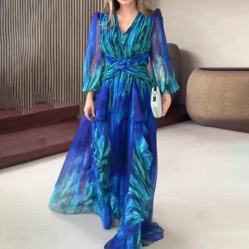 فستان نسائي أنيق متقاطع الخصر للحفلات المسائية أنيق برقبة على شكل حرف V وأكمام طويلة فستان ماكسي شيفون برسومات كلاسيكية فرنسية #5