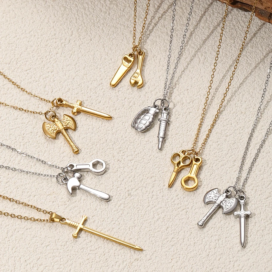 1Pc Stainless Steel Vintage Hammer Saw Rock Pendant Grunge Necklaces Hip Hop Wrench Tool Sword Cross Cool Men Collares Jewelry