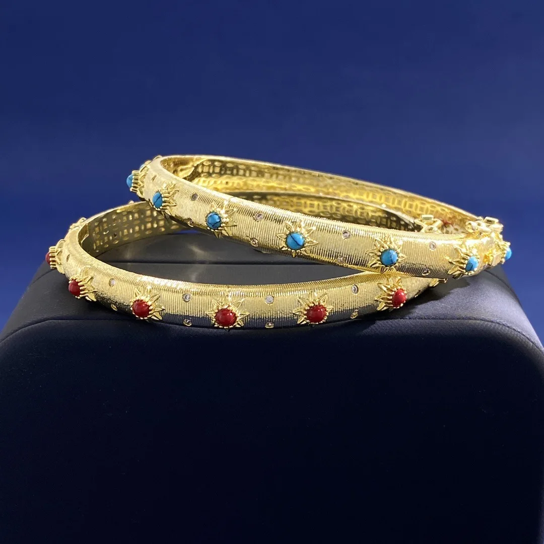 Gold Sunflower Pattern Bangle Set Multi‑Color Imitation Gemstone Vintage Ethnic Stackable Bangles Women Wedding Party Jewelry