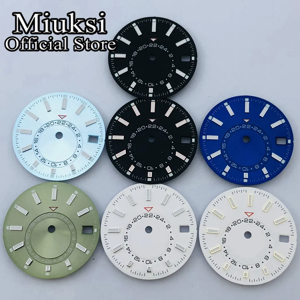 Miuksi 28.5mm black blue green white sterile watch dial green luminous fit NH34 NH35 movement fit 3/3.8 o\'clock crown