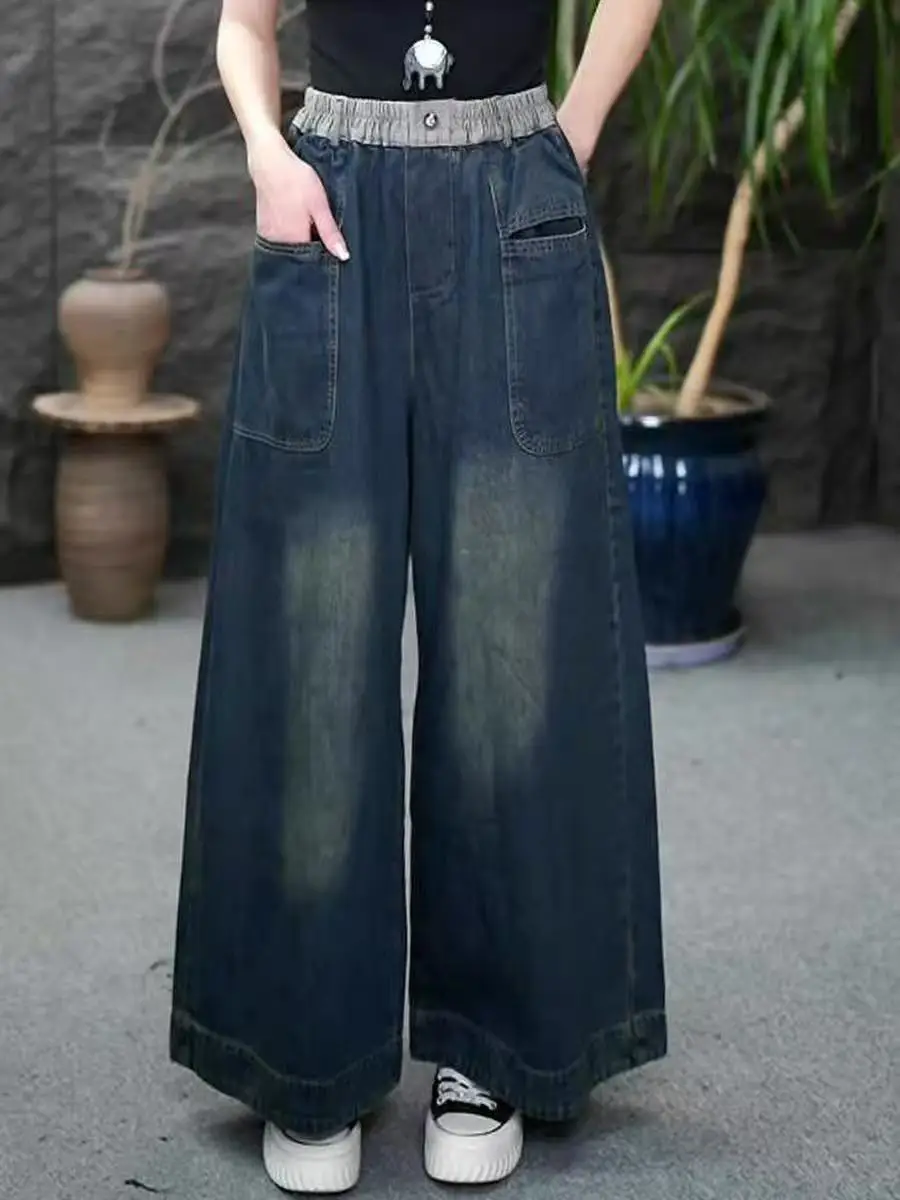 Jean détresse bleu rétro pour femme, pantalon taille haute, ample, jambes larges, droit, surdimensionné, avec poches, nouvelle collection automne 2025