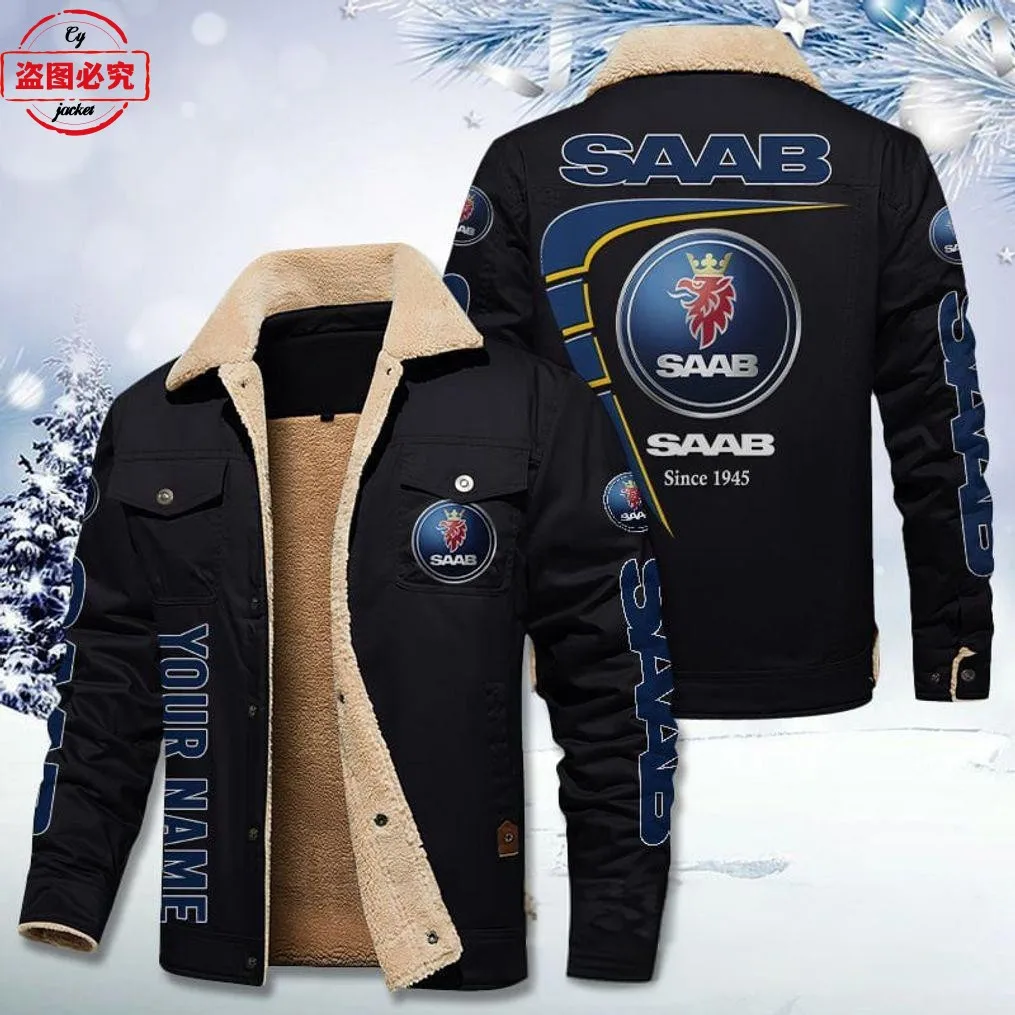 Car logo jacket men's velvet stand-up collar jacket winter warm cotton clothing SAAB car team uniform overalls