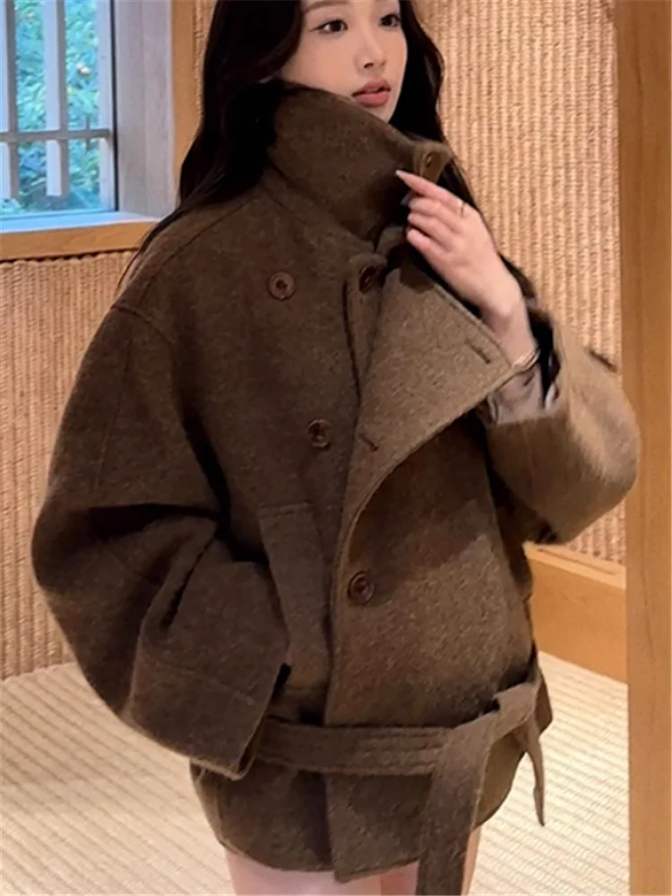 British Double-sided Coffee Thick Woolen Coat New Fall Winter Women Stand Collar Belted Outwear Oversize Loose Casual Jacket