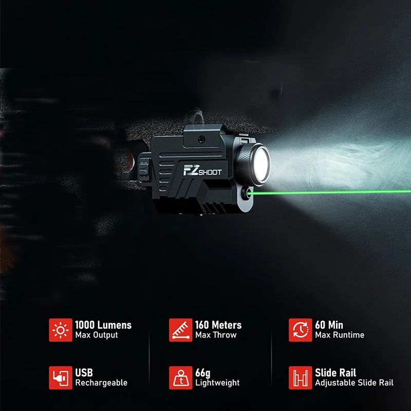 EZshoot 1000 Lumens Flashlight LED Light Combo Rechargeable with Slide Rail Compatible with G-lock and Picatinny Rail - view 5
