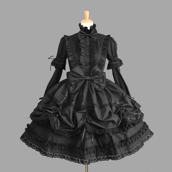 

Lolita Gothic Vintage Lace Stand Collar Long Sleeve Dress Holloween Party Vestido Girls Cute Japanese Dresses Lolita