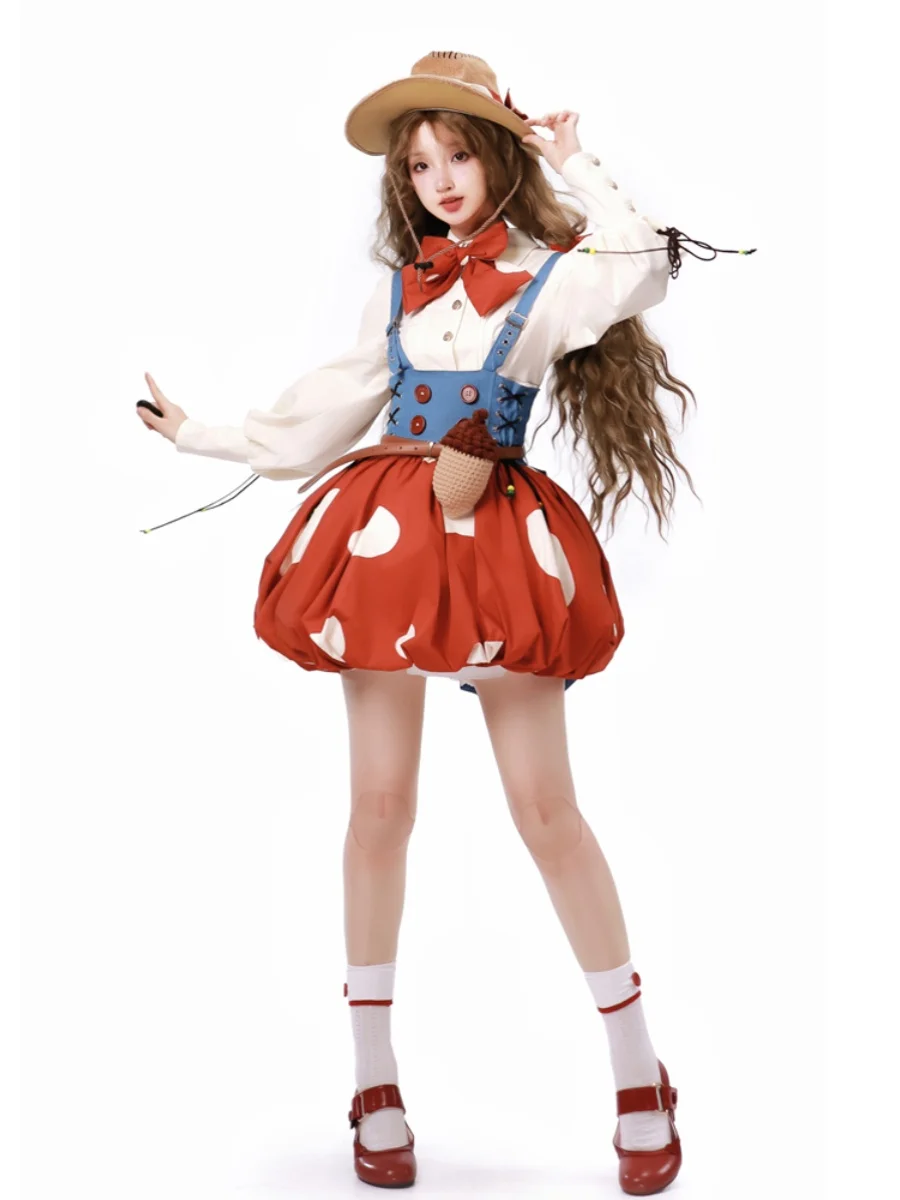 2024 New Spring Summer Cute Red Mushroom Denim Brace Bud Skirt Lolita Girl Women's Long Sleeve Shirt 2 Piece Skirt Set