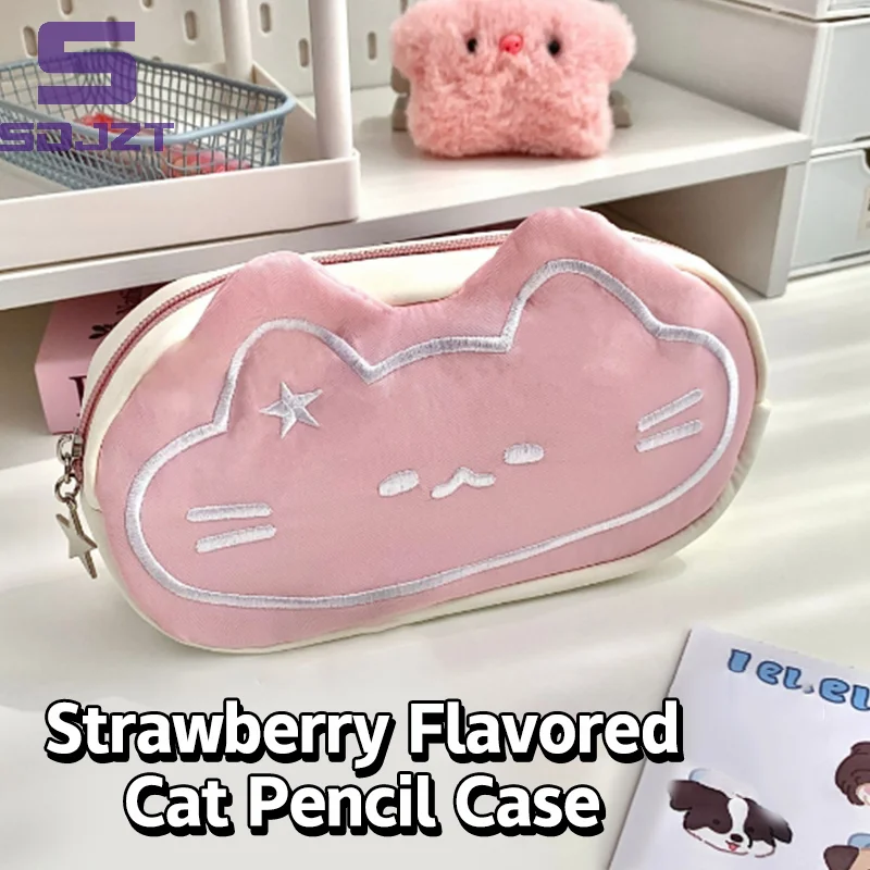 1 Piece Large Capacity Simplicity Pen Storage Bag Pink Cat Print Pencil Case Cartoon Kitten Cute Pen Organizer Bag For Children