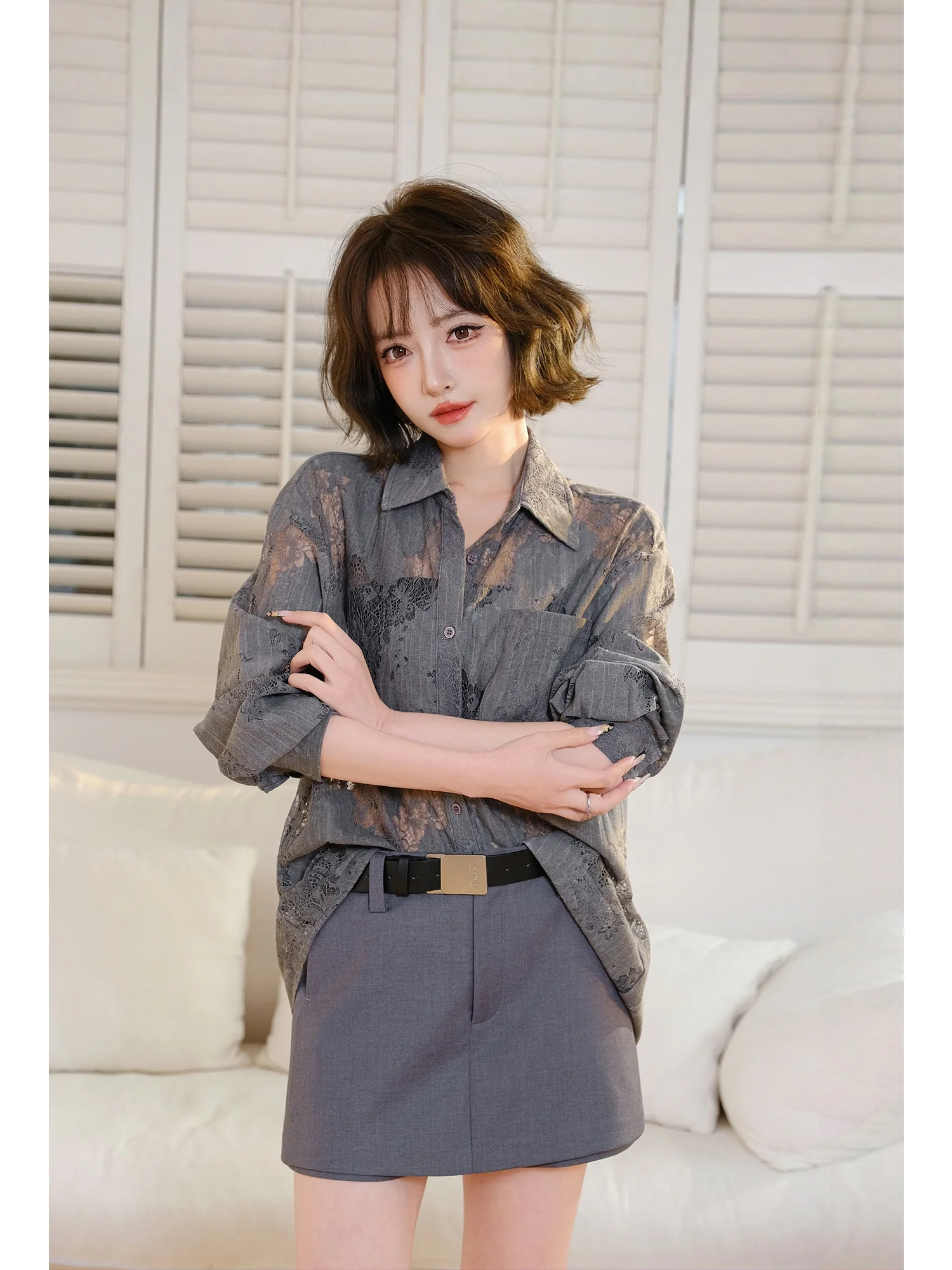 

MIUCO High Waist A-Line Skirt Pants Design Slimming Splice ey Suit orts Women's Casual Pants High Waist Straight Leg