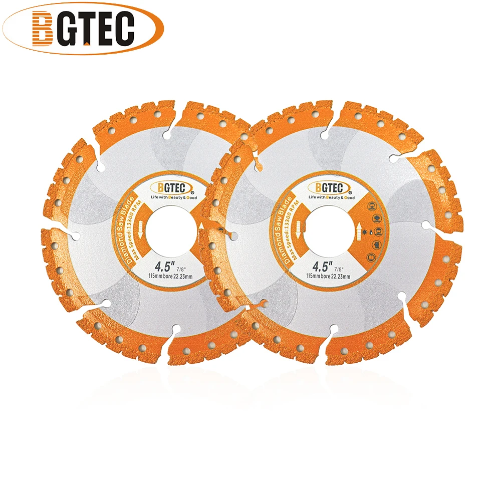 

BGTEC 2pcs Vacuum Brazed Diamond Universal Cutting Disc 4/4.5/5/7/9 Inch All Purpose Demolition Blade Rebar Concrete Stone Steel