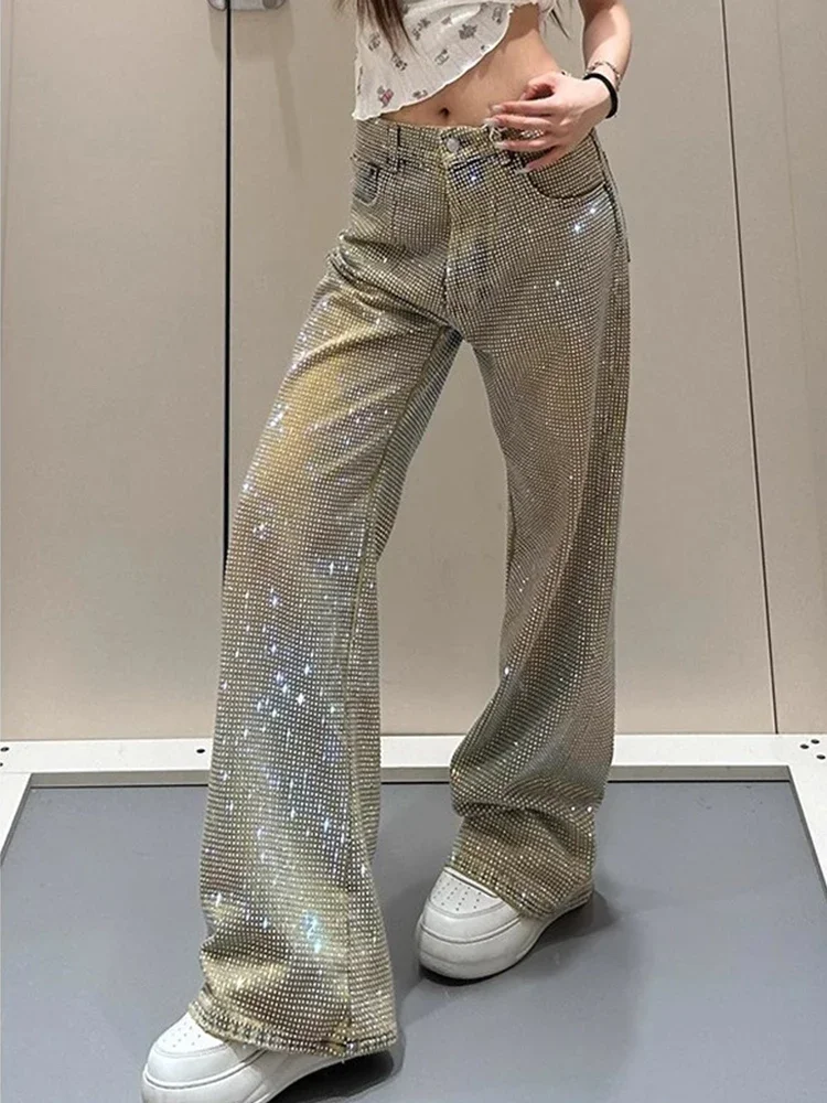 Spicy Girl Design Full of Diamond Jeans Women's Spring Summer New Style Personality Full of Stars Niche Straight Leg Long Pants