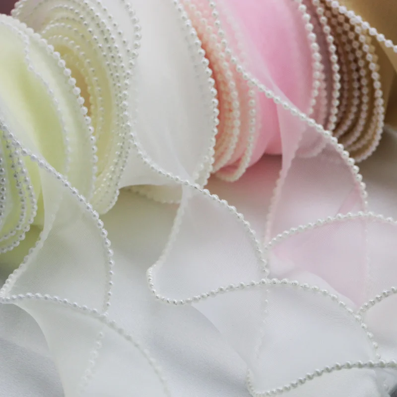 (5yards/roll)4cm Pearl Edge Wavy Organza Ribbon Elasticity Children Hair Accessories Handmade Decorative Gift Box Wedding Party