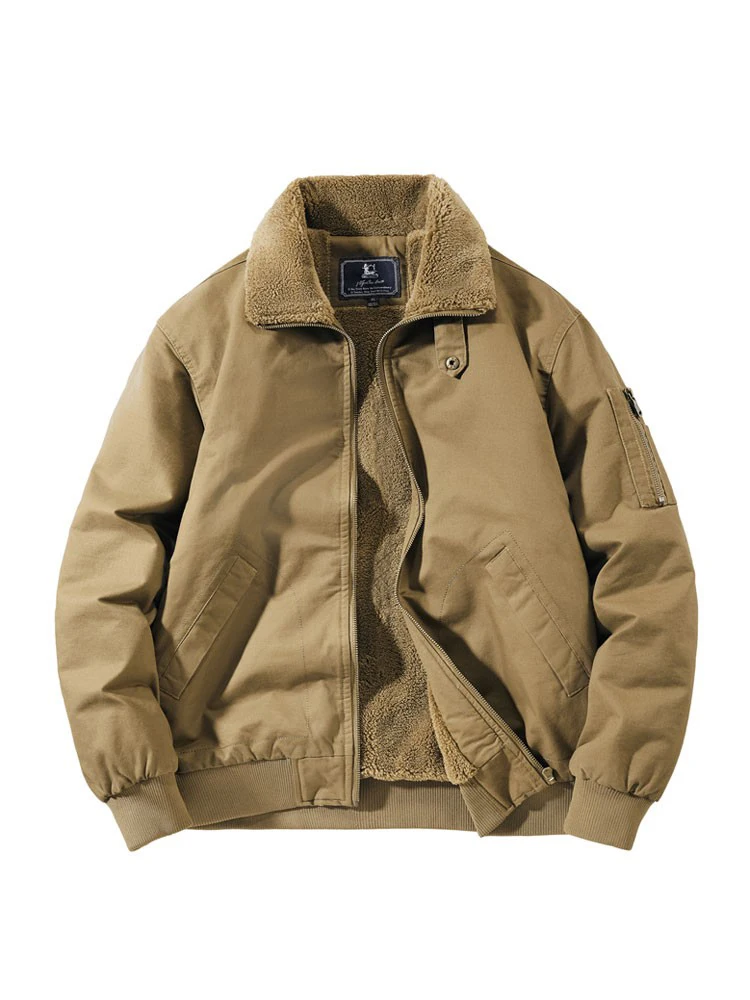 

Retro Cotton Pilot Jaet for Men Warmth Guaranteed Pure Color Versatile Workwear Sle Thiened Long Sve Zipper Closure