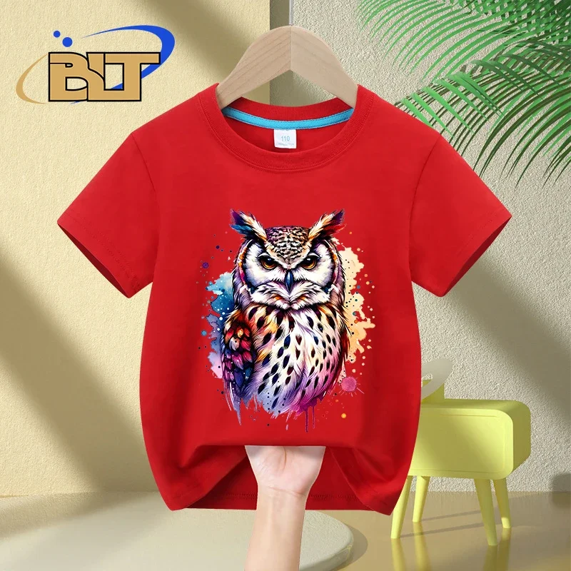 Camiseta con estampado de búho en acuarela para niños, tops casuales de manga corta de algodón para niños y niñas, Verano