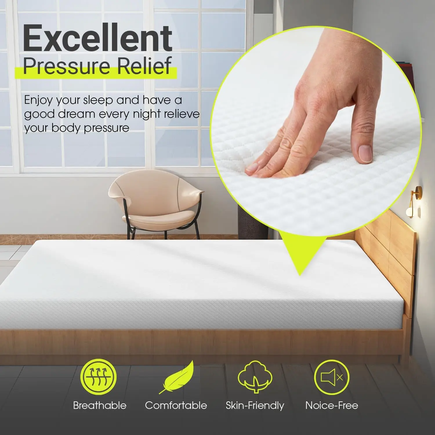 Colchão de Espuma com Espuma de Memória, Colchão Gel, Cama-na-caixa, CertiPUR-US Certified, Cooler Sleep Pressure Relief, 5"