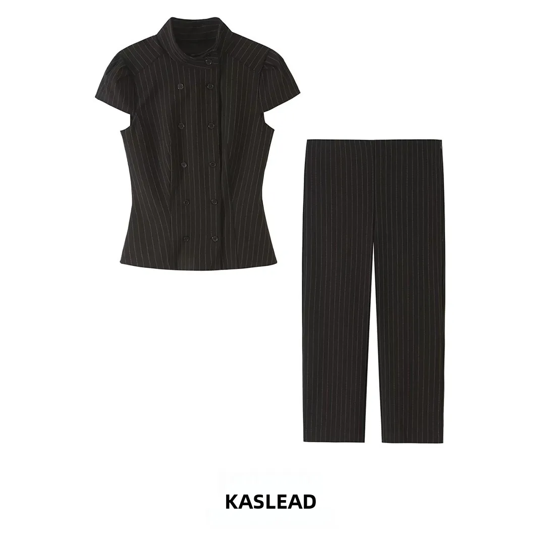KASLEAD New Women's Fashion Set with Stripe Collar Top And Long Pants Short Sleeve Autumn Season Casual Wear Two Piece Set