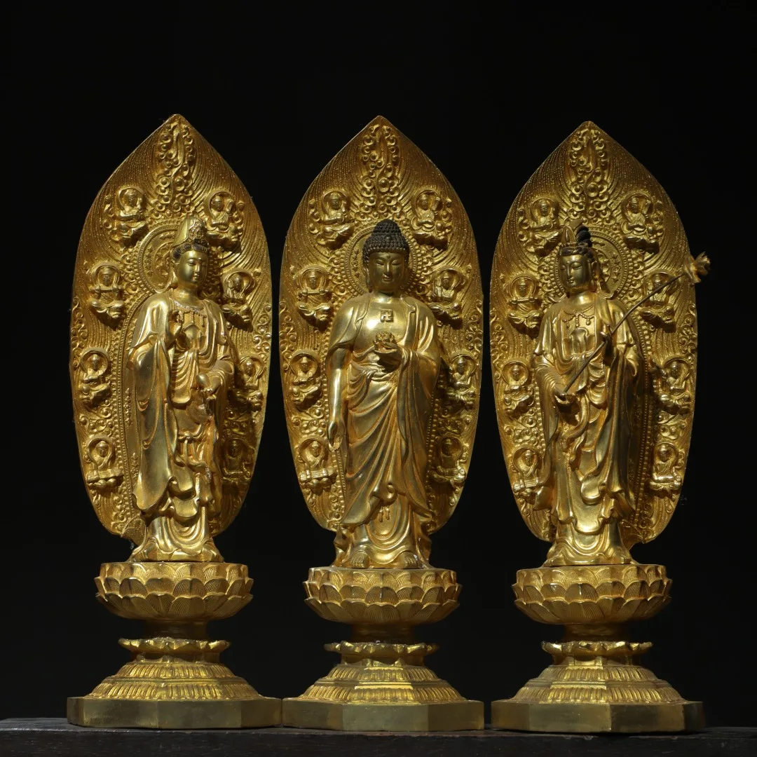 

18"Tibetan Temple Collection Old Bronze Gilded Three Sages Shakyamuni Guanyin Bodhisattva Buddha Backlight Worship Hall