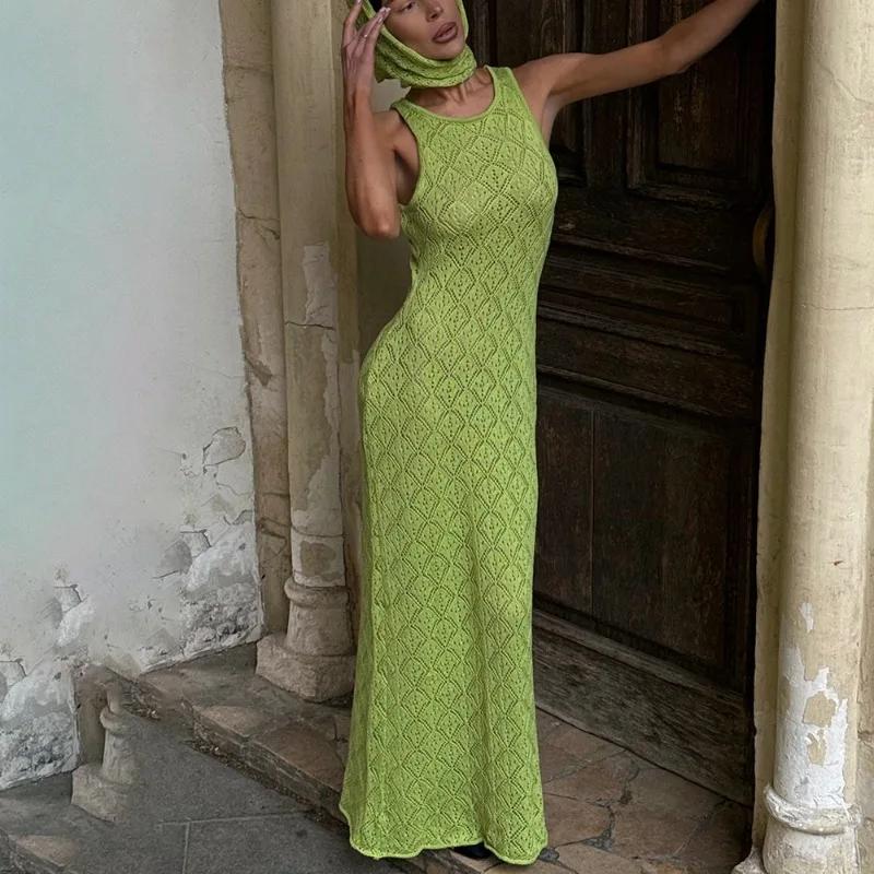 

Tuularose Summer Knitted Long Dress Women's Elegant Sleeveless Hollow See-through Dress New Vacation Party Women's Casual Dress