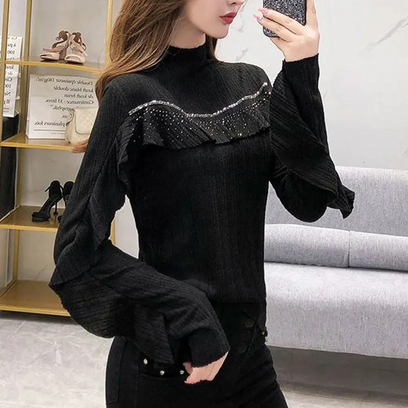 Stylish Solid Color Ruffles Spliced Shirt Spring Autumn Slim Basic Half High Collar Female Clothing Chic Diamonds Knitted Blouse