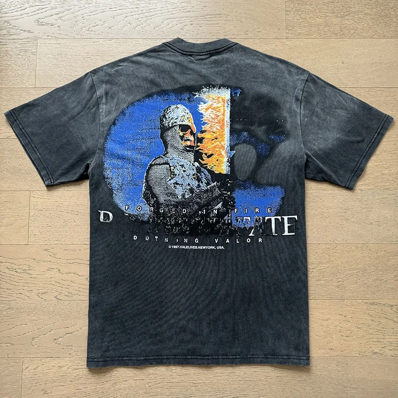 Vale Valley American Trendy Brand Iron Man Washed Vintage Rhinestone Short Sleeve Loose Heavyweight Pure Cotton T-Shirt Top