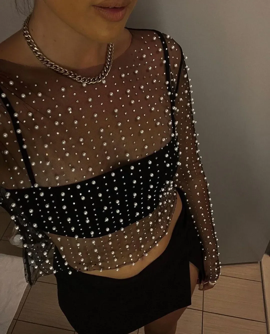 2023 Women\'s Carnival Style Pearls Beaded Rhinestone Detail Sheer Mesh Crop Clubwear Cover Up Top Perspective Mesh Long Sleeves