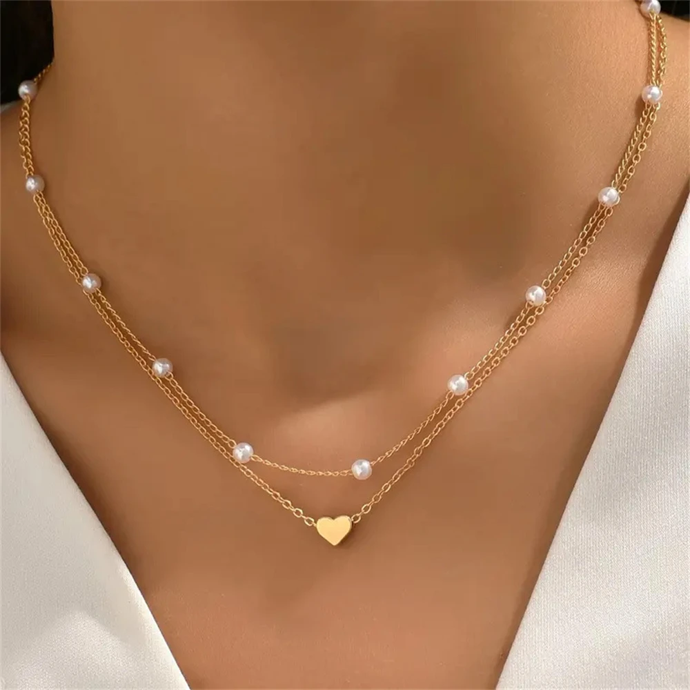 SUMENG 2025 Neue einfache Perlen-Choker-Halsketten für Frauen; Doppelschichtige Kette mit Herz-Anhänger, Modeschmuck im Großhandel