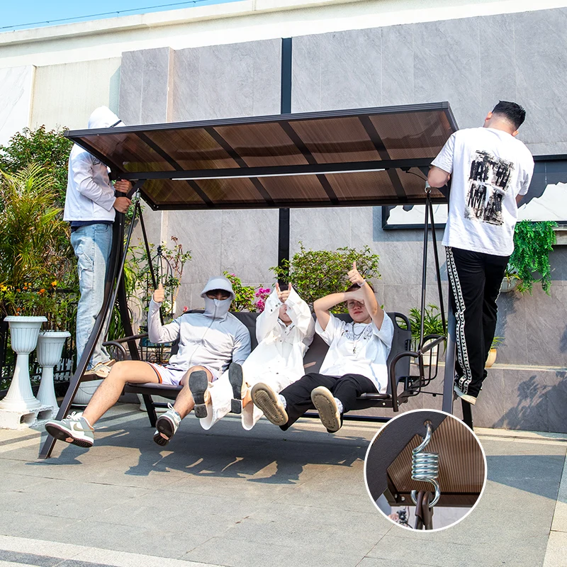 

Modern PC Board Canopy Metal Steel Frame Outdoor Garden Patio Swing Chair Swings Hanging Bed with Solar LED Light