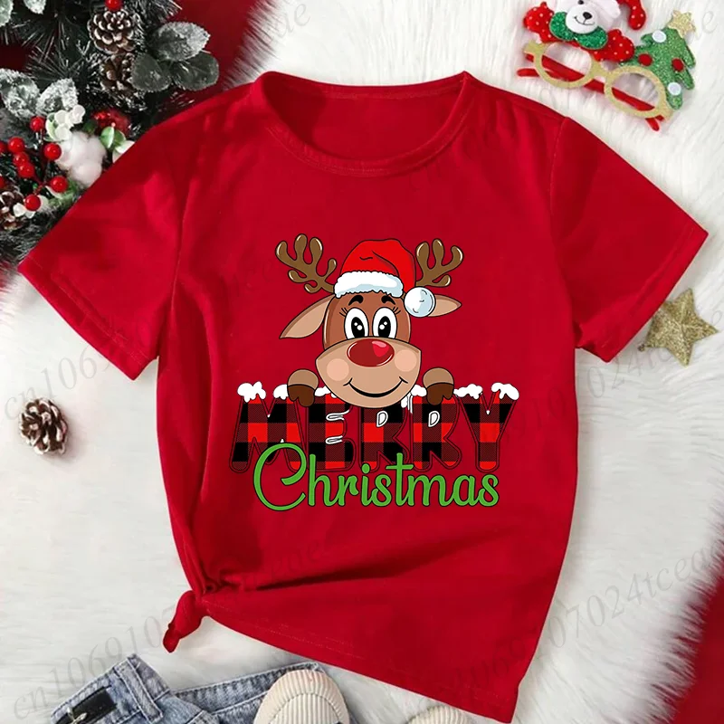 Bonito feliz natal rena impressão camisetas vermelhas para mulheres casual manga curta o-pescoço camisetas femininas festa de natal topos