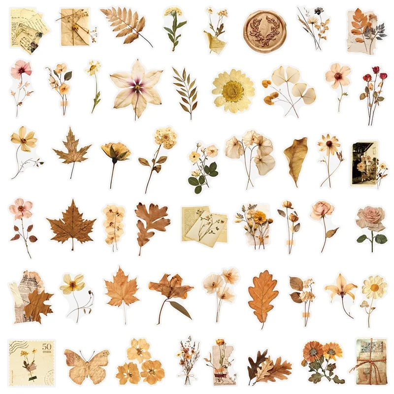 50PCS Withered Flowers PET Sticker Aesthetic Hand Accounting Transparent DIY Decoration Scrapbooking Supplies