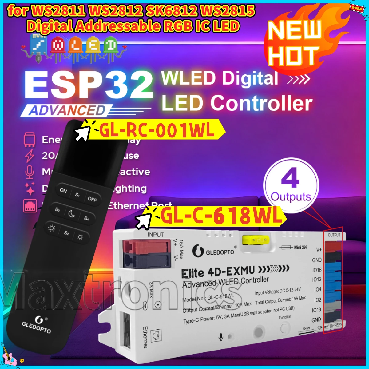 

Hot GL-C-618WL 4 Outputs with Ethernet Microphone UART ESP32 WLED LED Digital Controller for WS2811 WS2812 RGB LED Strip Lights