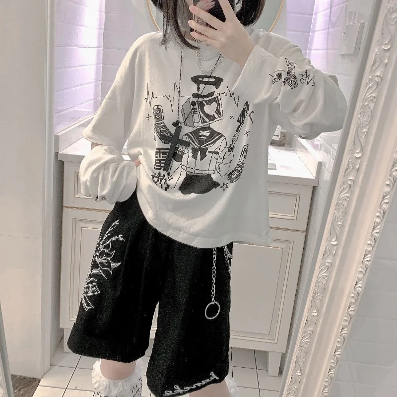 Detachable Long Sleeve Y2k Clothes Anime Print Spring Summer Japanese Girl T Shirts Casual Loose Preppy Style Punk Gothic Tops