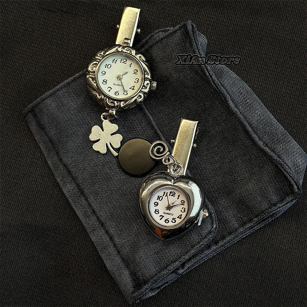 Y2K Vintage Watch Hair Clip Heart Clover Pendant Quartz Watch Hairpin Fashion Sweet Girls Metal Barrettes Versatile Accessory