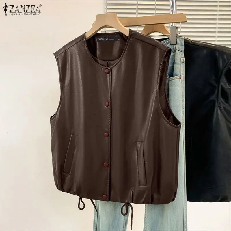 Damen-Westen aus PU-Leder, lässig, locker, ärmellos, aus Kunstleder, O-Ausschnitt, mit Knöpfen, Weste, ZANZEA, Damen-Oberbekleidung, Streetwear