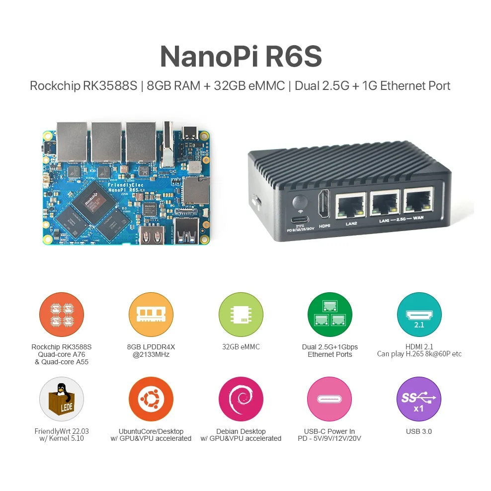 

NanoPi R6S Kit & Combo, 8G RAM & 32G eMMC Rockchip RK3588S GPU&VPU Quad Cortex-A76 & A55 up to 2.4GHz&1.8GHz,2.5Gbps LAN,OpenWRT