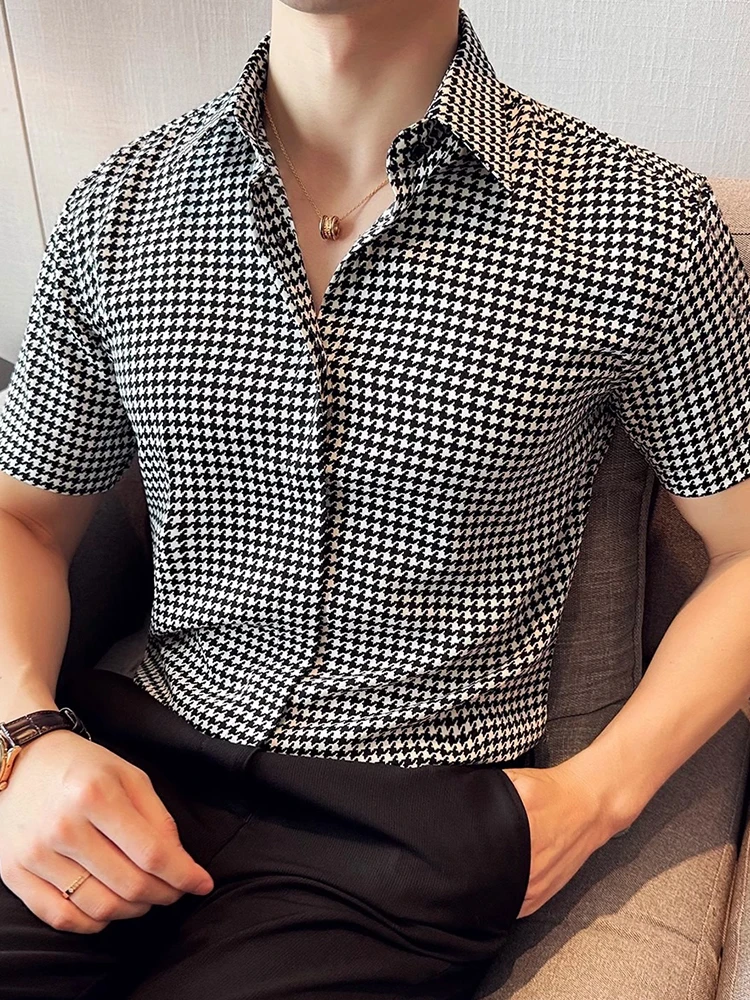 

Slim Fit ort Sve irt for Men Faionable Busin Casual Plaid Pattern Hidden Button Design Summer New Arrival