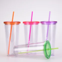 Clear Acrylic Tumbler 32oz Water Cup with Straw Plastic Travel Mug Double Wall Iced Coffee Tumblers Drinking Cups