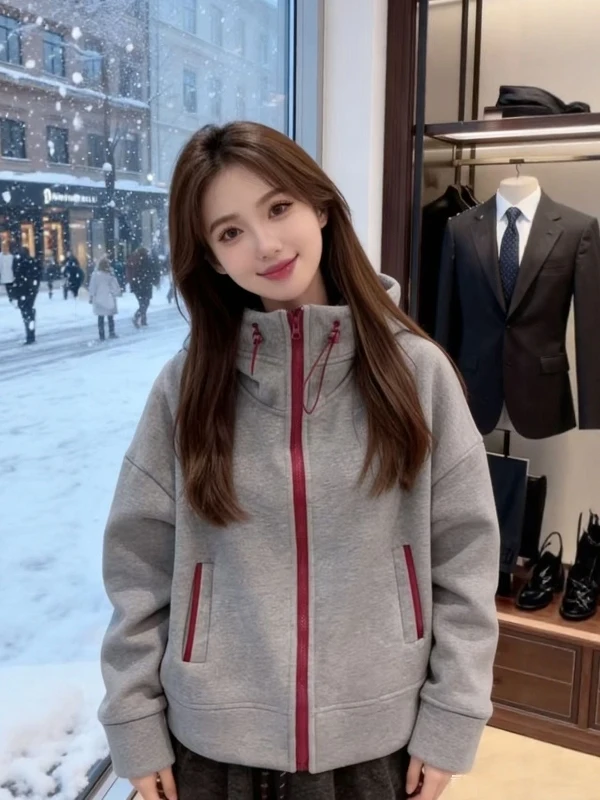 

Retro Color Blo Hoodie Jaet Women's Autumn Winter plus Size Loose Lazy Sle Fce Lined Thiened Open Cardigan Top