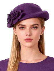 FS Blue Purple Wool French Beret Wide Brim Fedora Hats For Women Elegant Church Hats Big Flower Ladies Wedding Tea Party Hat Ken