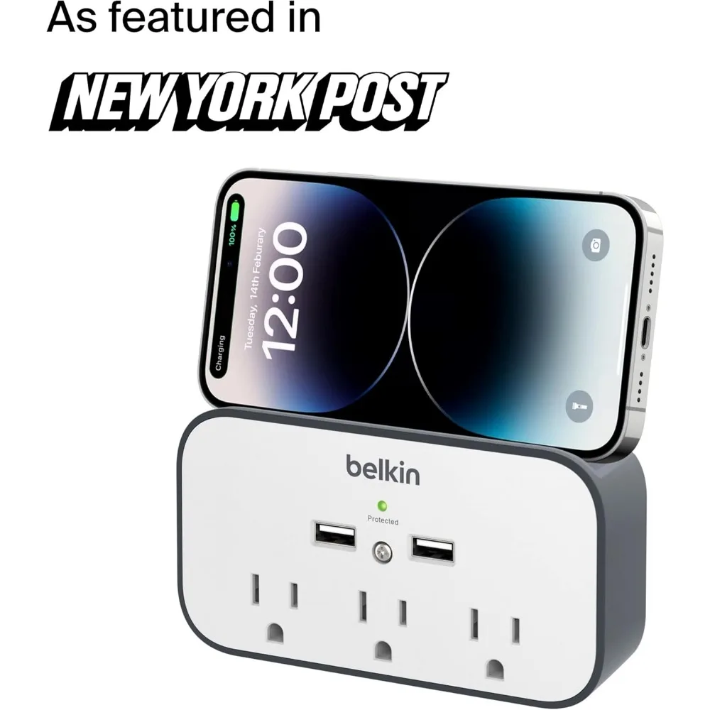 موسع مخرج تيار متردد مثبت على الحائط مع 3 منافذ ومحطتين شحن USB - تصميم قابس مسطح دوار للاستخدام المنزلي