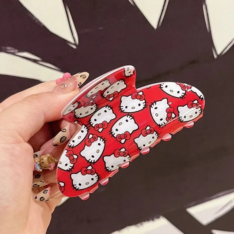 Horquilla de Anime de Hello Kitty, abrazadera de tiburón dulce KT roja de dibujos animados Kawaii, accesorios creativos para el cabello para chica joven, regalos con pinza para el cabello