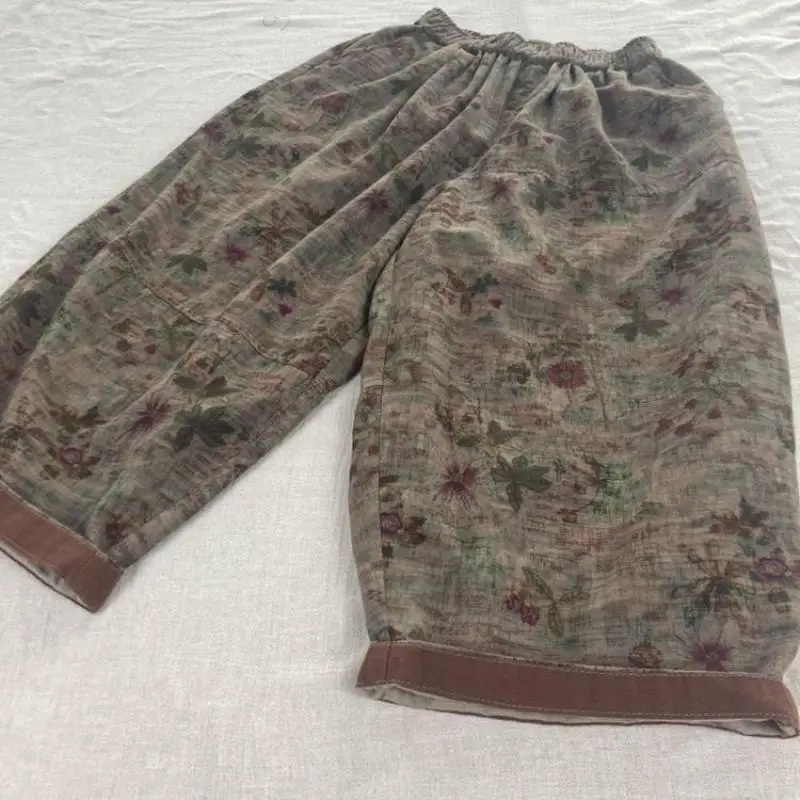 Good Quality Cotton Linen Women Calf-length Pants Summer Chinese Style Elastic Waist Vintage Floral Print Loose Harem Pants MT53