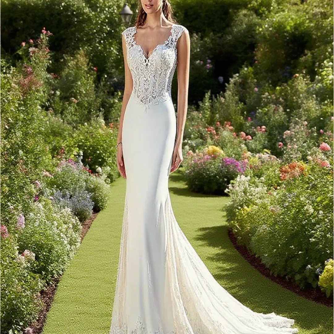 Customized Bohemian-style V-neck wedding dress, mermaid style sleeveless bride formal gown, lace appliqués