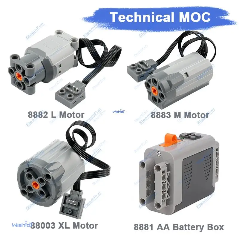 

Мотор M 8883, мотор L 88003, мотор XL 8882, батарейный отсек AA 8881, блоки Power Functions MOC Technology PF для роботов и техники