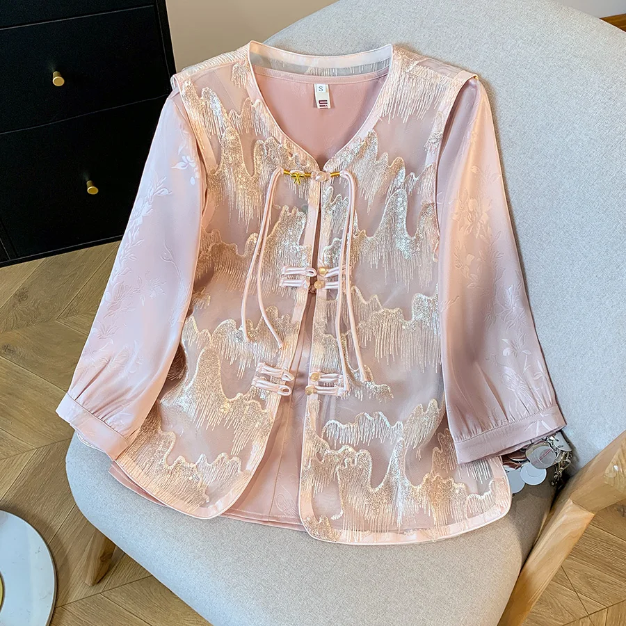 

New Chinese Style Handmade Button up Shirt Small Stand Collar Mountain Sequin Vest Coat Open Cardigan Traditional Tang Costume