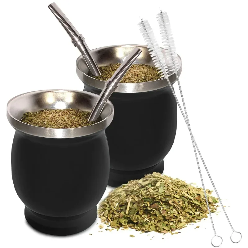 Yerba Mate Cup 304 Stainless Steel Double Wall 8oz Portable Tea Mug Argentine Yerba Mate Gourd with Bombillas and Cleaning Brush