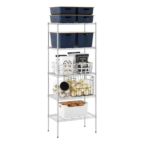 

Five-Tier Chrome Wire Storage Rack 24x14x60 Inches For Pantry, Utility Room, And Garage Organization