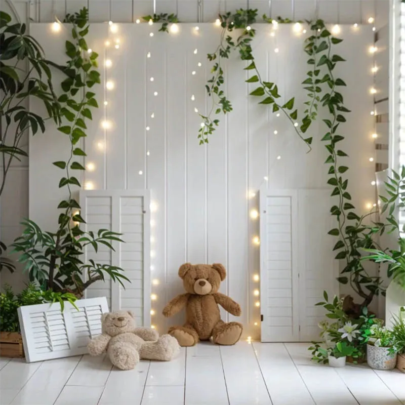 Mehofond 흰색 문 벽 사진 배경 봄 신생아 아이 생일 파티 출산 잔디 장난감 곰 장식 사진 배경